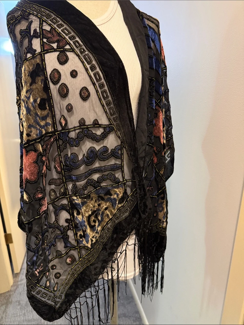 Black Velvet-Trim Embroidered Floral Shawl Scarf